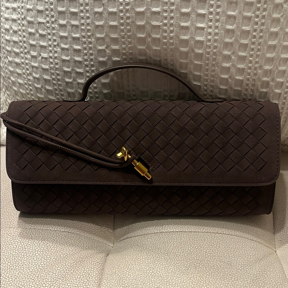 New woven brown suede clutch purse and handwoven crossbody satchel with strap
